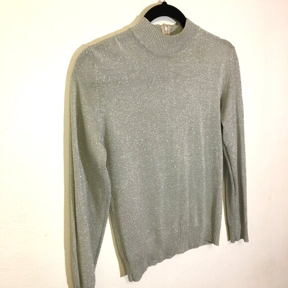 Vintage 60s 70s KMark Silver Metallic Lurex Sweater Back Zipper Holiday Glam (2) - Picture 7 of 12